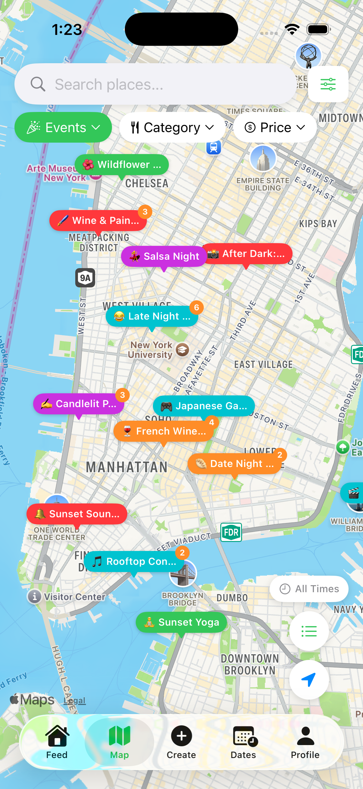 Three Flags events map